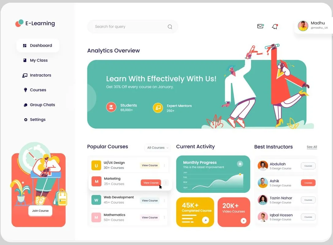 The EduStream learner dashboard: paths in progress, hours studied and the next chapter to resume.