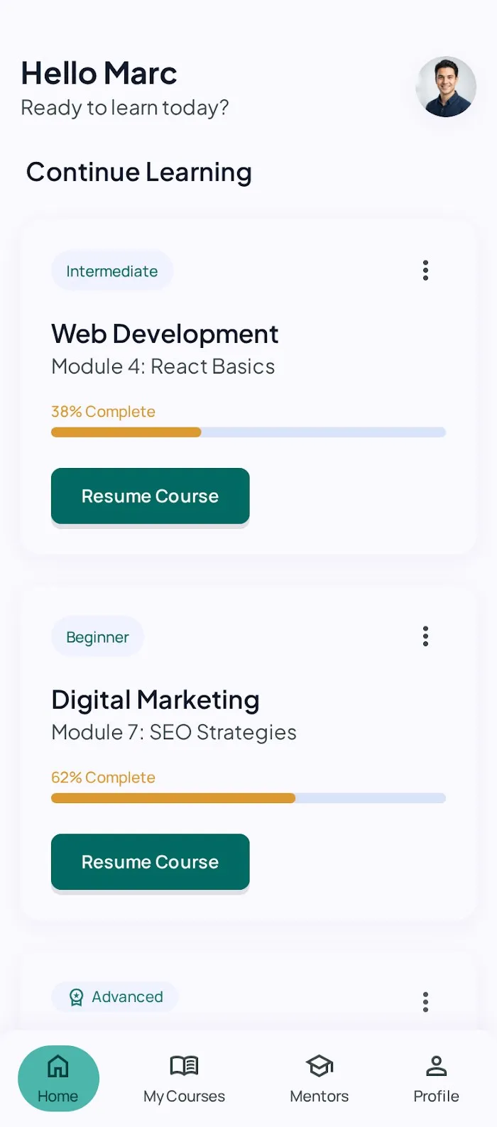 The EduStream mobile app: courses to resume with their progress bars, and a four-tab navigation bar.